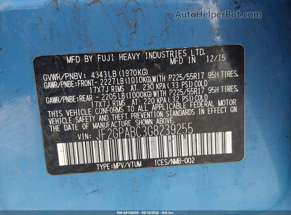 JF2GPABC3G8239255 2016 SUBARU CROSSTREK Blue Widok komory silnika
