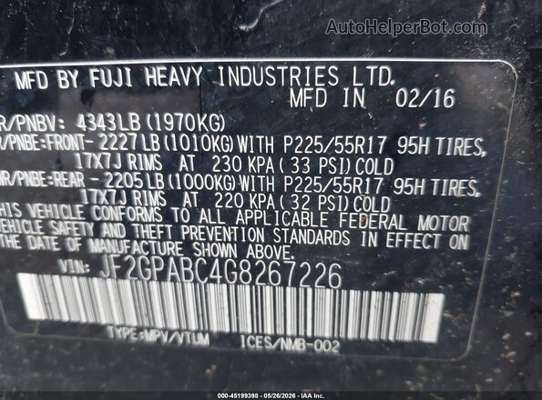 JF2GPABC4G8267226 2016 SUBARU CROSSTREK Black Widok komory silnika