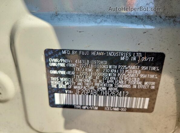 JF2GPABC7HH262412 2017 SUBARU CROSSTREK Beige VIN კოდის სტიკერის ხედი