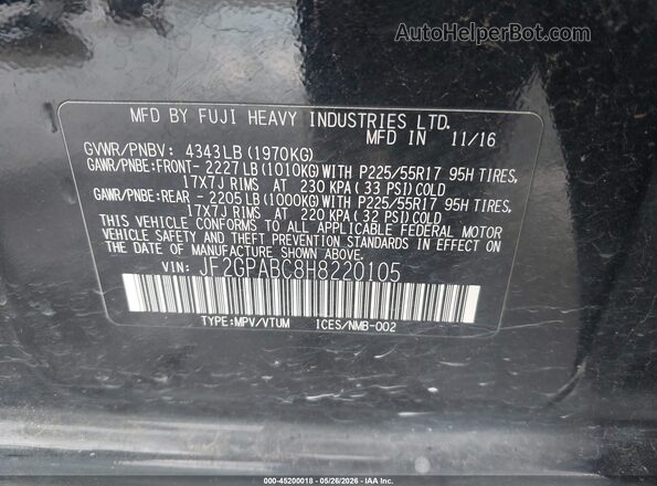 JF2GPABC8H8220105 2017 SUBARU CROSSTREK Black 
