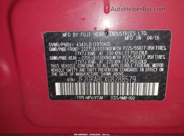 JF2GPABCXG8288579 2016 SUBARU CROSSTREK Red Engine compartment view