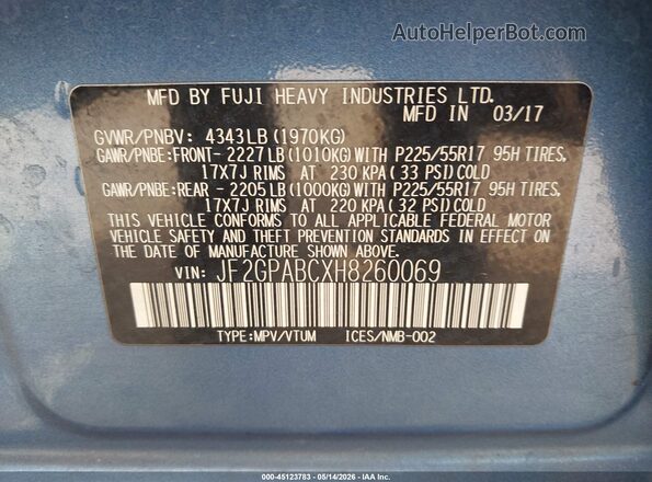 JF2GPABCXH8260069 2017 SUBARU CROSSTREK Blue Widok komory silnika