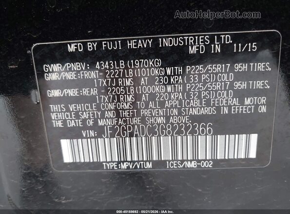 JF2GPADC3G8232366 2016 SUBARU CROSSTREK Black ძრავის განყოფილების ხედი