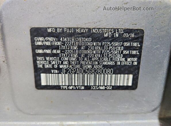 JF2GPADC5G8280080 2016 SUBARU CROSSTREK Blue Vista de la etiqueta del VIN