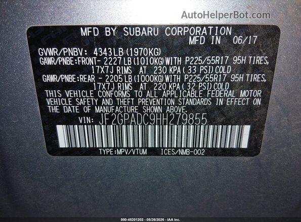 JF2GPADC9HH279855 2017 SUBARU CROSSTREK Gray Widok komory silnika