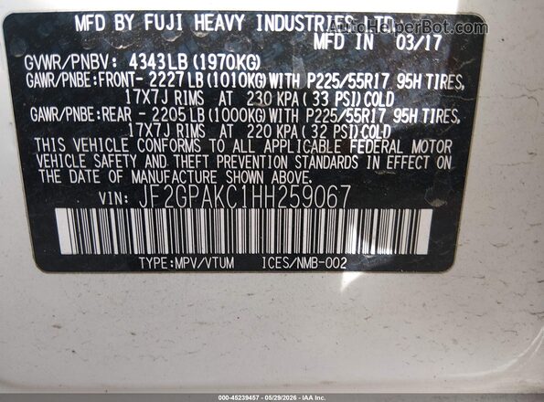 JF2GPAKC1HH259067 2017 SUBARU CROSSTREK White Vista del compartimento del motor