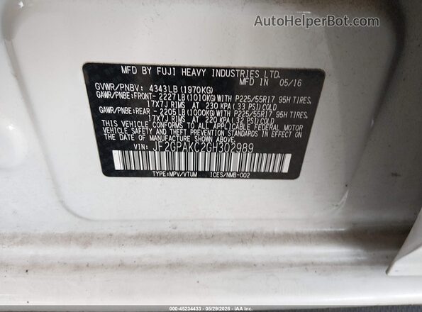 JF2GPAKC2GH302989 2016 SUBARU CROSSTREK White Engine compartment view