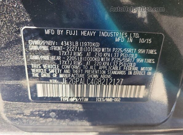 JF2GPALC4G8212127 2016 SUBARU CROSSTREK Gray ძრავის განყოფილების ხედი