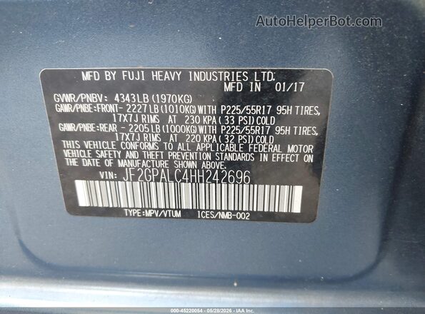 JF2GPALC4HH242696 2017 SUBARU CROSSTREK Синий Вид подкапотного пространства