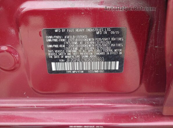 JF2GPALC9G8201933 2016 SUBARU CROSSTREK Maroon Շարժիչի բաժամունքի տեսք
