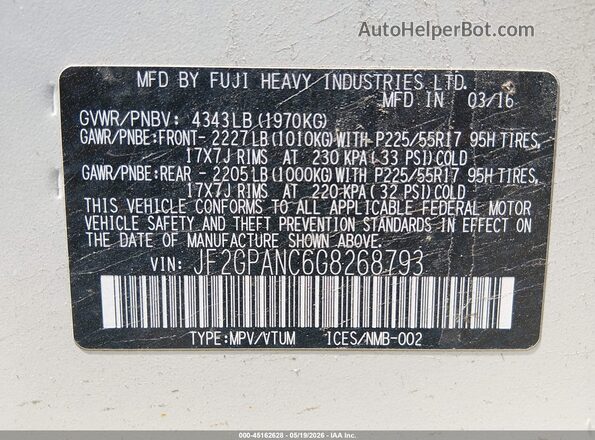 JF2GPANC6G8268793 2016 SUBARU CROSSTREK White Widok komory silnika