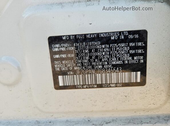 JF2GPANC7G8345543 2016 SUBARU CROSSTREK Белый Вид наклейки с VIN-кодом
