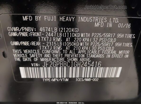 JF2GPBBC1GH245416 2016 SUBARU CROSSTREK HYBRID Black Շարժիչի բաժամունքի տեսք