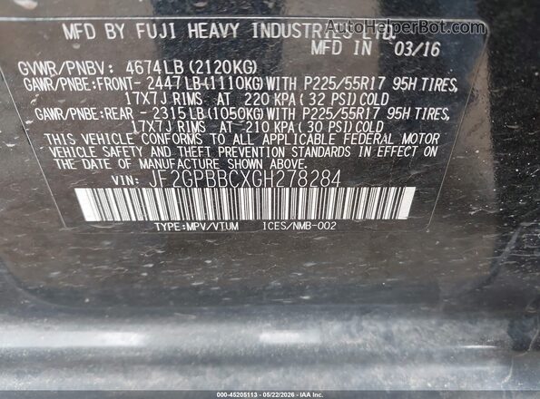 JF2GPBBCXGH278284 2016 SUBARU CROSSTREK HYBRID Черный Вид подкапотного пространства