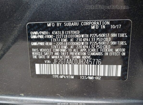JF2GTAAC0JH245776 2018 SUBARU CROSSTREK Gray Widok komory silnika
