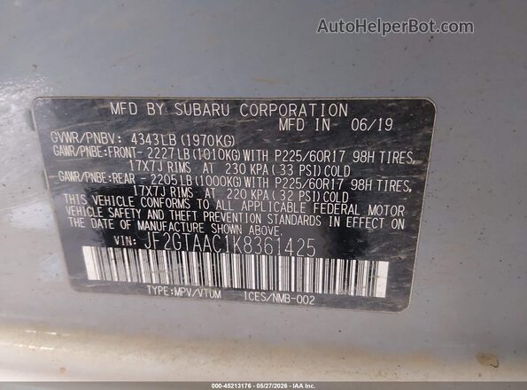 JF2GTAAC1K8361425 2019 SUBARU CROSSTREK Blue Widok komory silnika