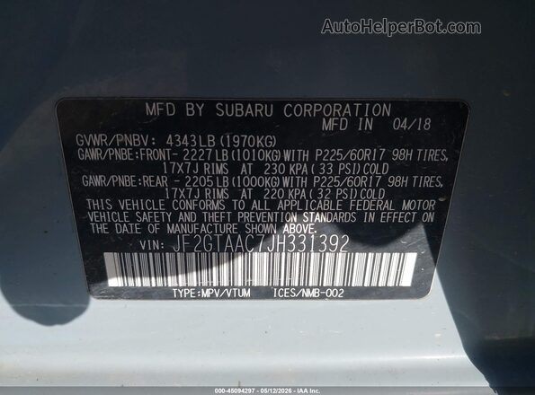 JF2GTAAC7JH331392 2018 SUBARU CROSSTREK Light Blue 