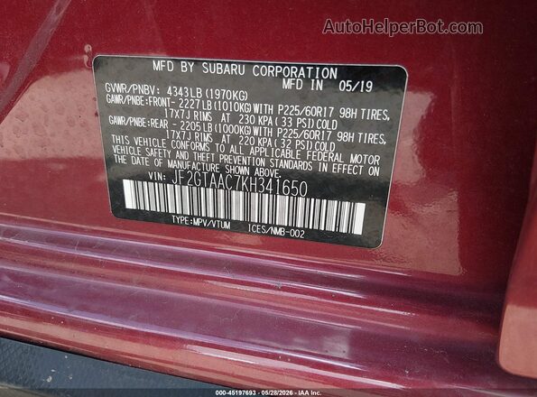 JF2GTAAC7KH341650 2019 SUBARU CROSSTREK Burgundy ძრავის განყოფილების ხედი