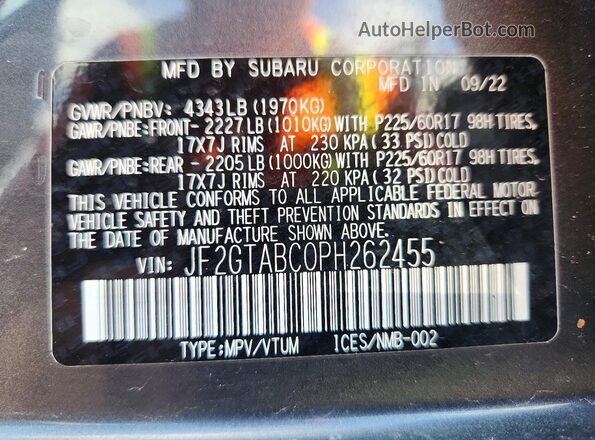 JF2GTABC0PH262455 2023 SUBARU CROSSTREK Gray Engine compartment view