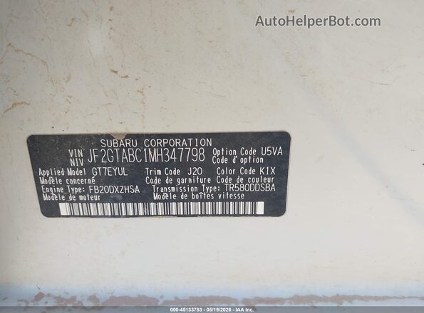 JF2GTABC1MH347798 2021 SUBARU CROSSTREK White Շարժիչի բաժամունքի տեսք