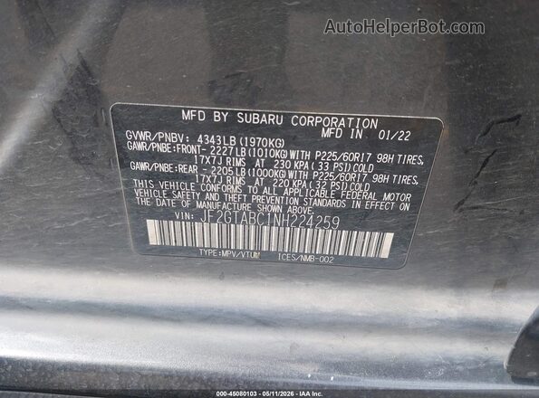 JF2GTABC1NH224259 2022 SUBARU CROSSTREK Gray Vista del compartimento del motor
