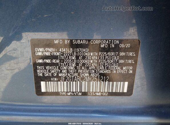 JF2GTABC2MH251212 2021 SUBARU CROSSTREK Blue Вид підкапотного простору