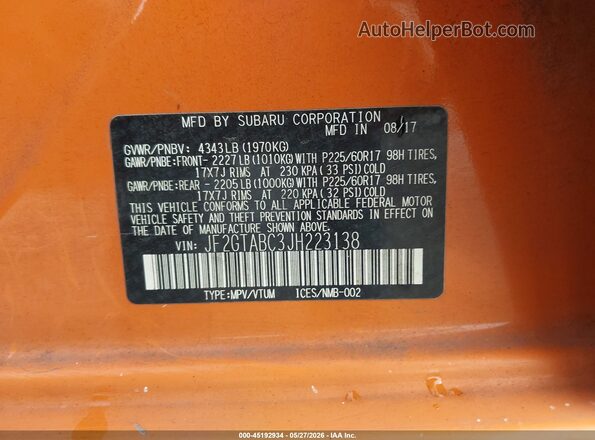 JF2GTABC3JH223138 2018 SUBARU CROSSTREK Orange Engine compartment view