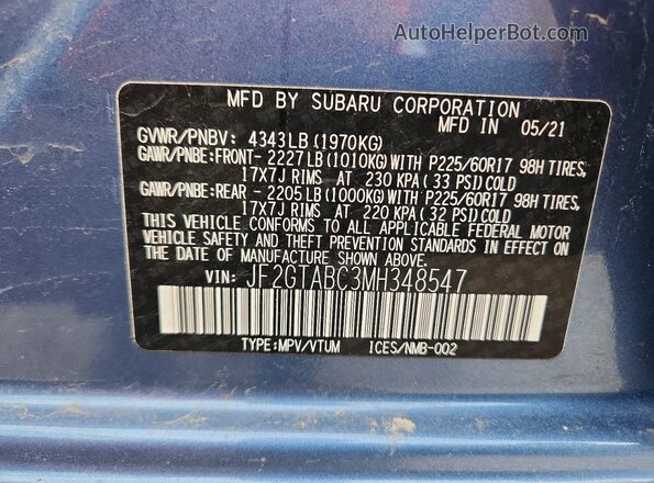 JF2GTABC3MH348547 2021 SUBARU CROSSTREK Blue VIN sticker view