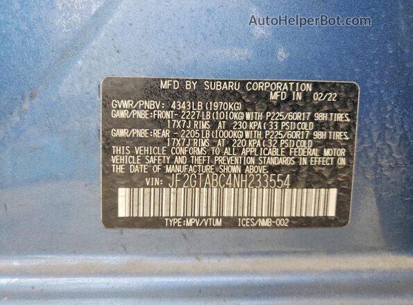 JF2GTABC4NH233554 2022 SUBARU CROSSTREK Blue Engine compartment view