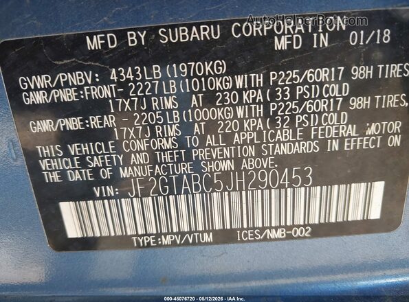 JF2GTABC5JH290453 2018 SUBARU CROSSTREK Blue ძრავის განყოფილების ხედი