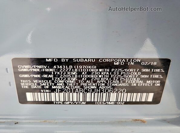 JF2GTABC9JH306220 2018 SUBARU CROSSTREK Gray 