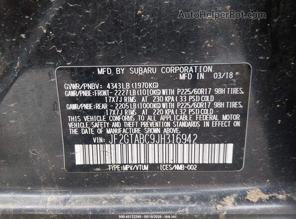 JF2GTABC9JH316942 2018 SUBARU CROSSTREK Gray Widok komory silnika