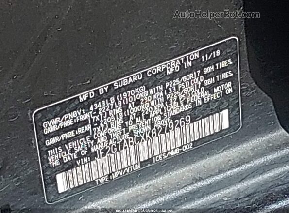 JF2GTABCXK8279269 2019 SUBARU CROSSTREK Black Engine compartment view