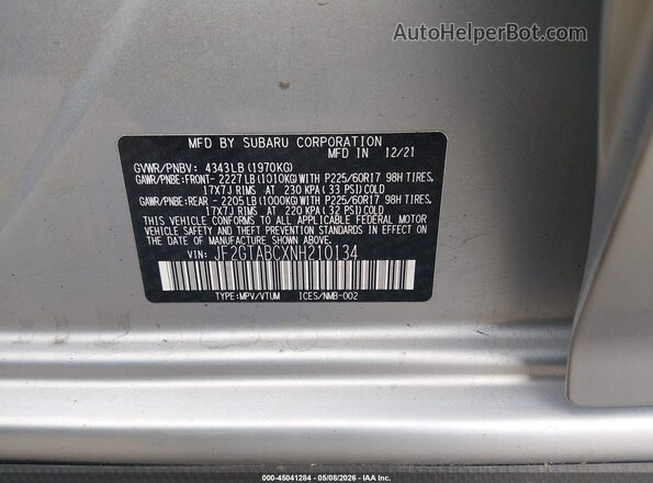 JF2GTABCXNH210134 2022 SUBARU CROSSTREK Silver Вид підкапотного простору