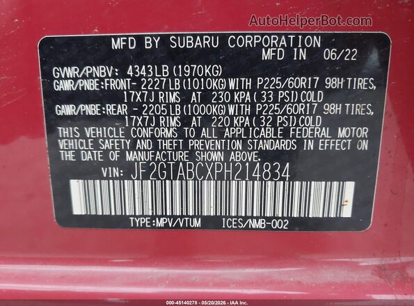 JF2GTABCXPH214834 2023 SUBARU CROSSTREK Red 
