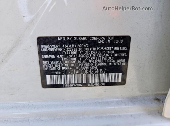 JF2GTACC0KH264097 2019 SUBARU CROSSTREK White 