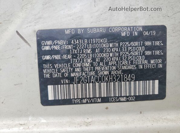 JF2GTACC0KH321849 2019 SUBARU CROSSTREK White Вид наклейки з VIN-кодом
