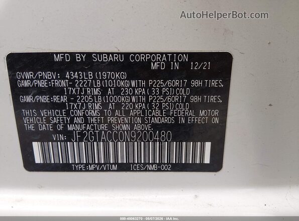 JF2GTACC0N9200480 2022 SUBARU CROSSTREK White Vista del compartimento del motor