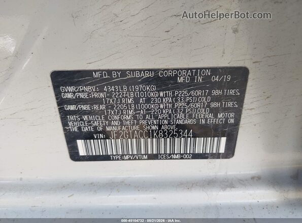 JF2GTACC1K8325344 2019 SUBARU CROSSTREK White Vista del compartimento del motor