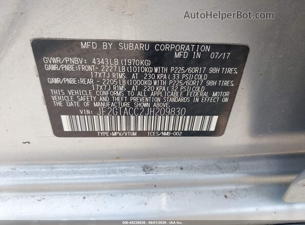 JF2GTACC2JH209830 2018 SUBARU CROSSTREK Silver Vista del compartimento del motor