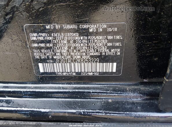 JF2GTACC2K8253229 2019 SUBARU CROSSTREK Black Շարժիչի բաժամունքի տեսք