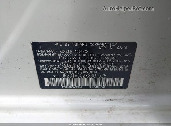 JF2GTACC2K8301926 2019 SUBARU CROSSTREK Белый Вид подкапотного пространства
