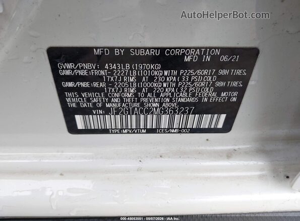 JF2GTACC2MG363237 2021 SUBARU CROSSTREK White Widok komory silnika