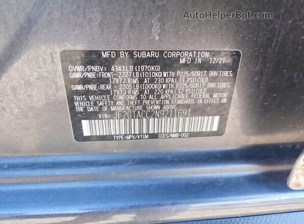 JF2GTACC2N9211691 2022 SUBARU CROSSTREK Gray Vista interior de 360 grados