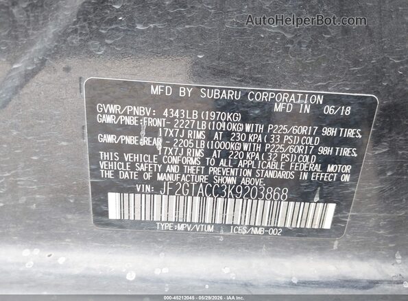 JF2GTACC3K9203868 2019 SUBARU CROSSTREK Gray Widok komory silnika