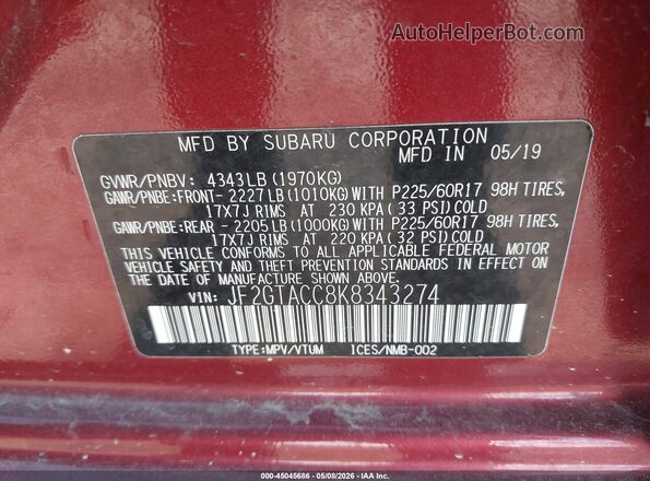 JF2GTACC8K8343274 2019 SUBARU CROSSTREK Maroon 