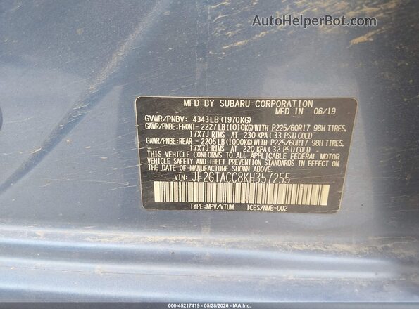 JF2GTACC8KH357255 2019 SUBARU CROSSTREK Blue ძრავის განყოფილების ხედი