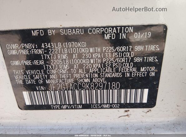 JF2GTACC9K8297180 2019 SUBARU CROSSTREK White ძრავის განყოფილების ხედი