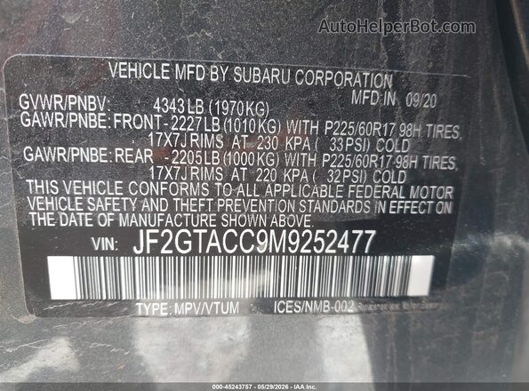 JF2GTACC9M9252477 2021 SUBARU CROSSTREK Gray Շարժիչի բաժամունքի տեսք