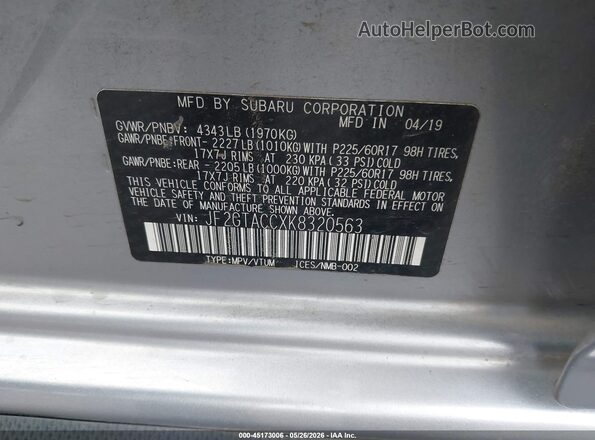 JF2GTACCXK8320563 2019 SUBARU CROSSTREK Silver Engine compartment view